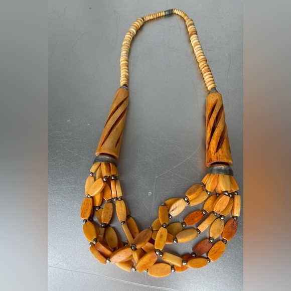 Vintage Hand Carved & Beaded Necklace Orange Multi Strand Unique Runway - Picture 2 of 5